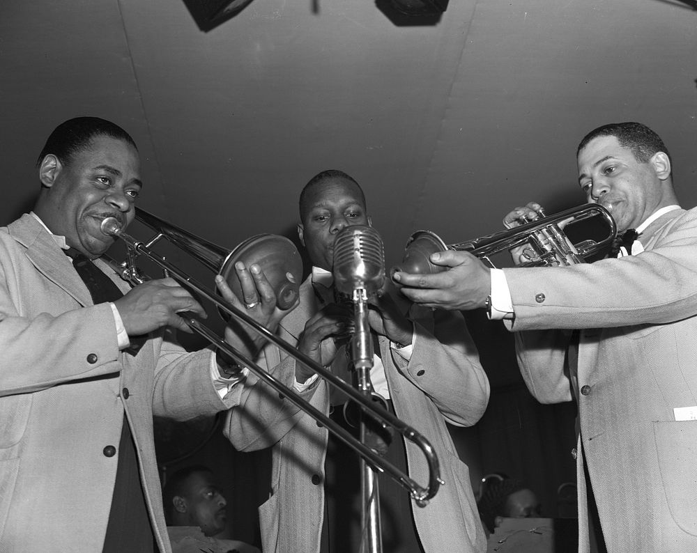 New York, New York. A trio of musicians from Duke Ellington's orchestra during the early morning broadcast. Sourced from the…