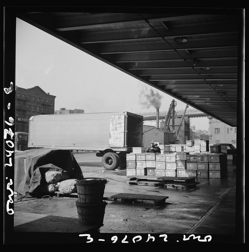 New York, New York. Crates of seafood waiting for delivery at the Fulton fish market. Sourced from the Library of Congress.