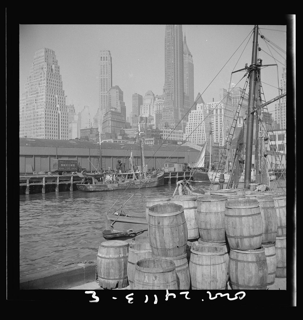 New York, New York. Barrels for loading fish at the Fulton fish market. Sourced from the Library of Congress.