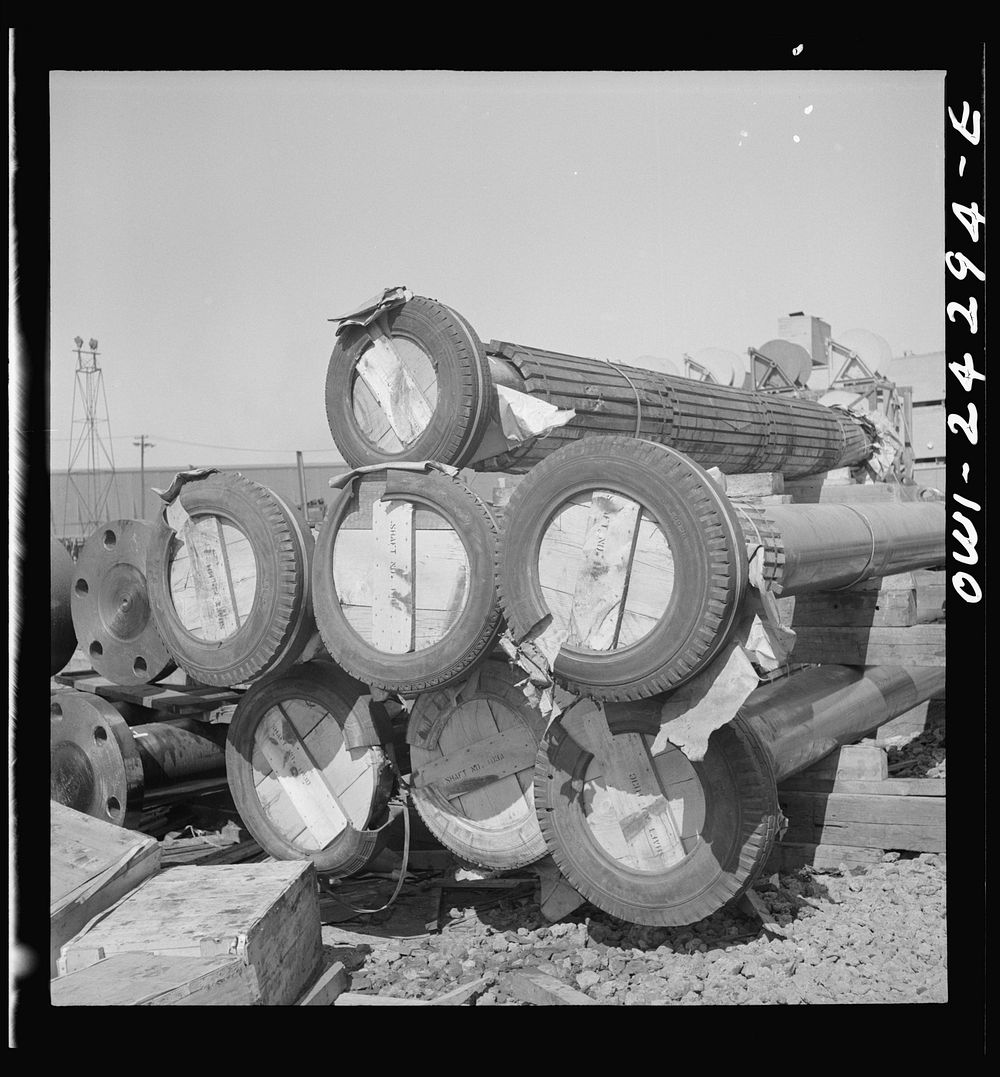 Bethlehem-Fairfield shipyards, Baltimore, Maryland. Propeller shafting in storage. Sourced from the Library of Congress.