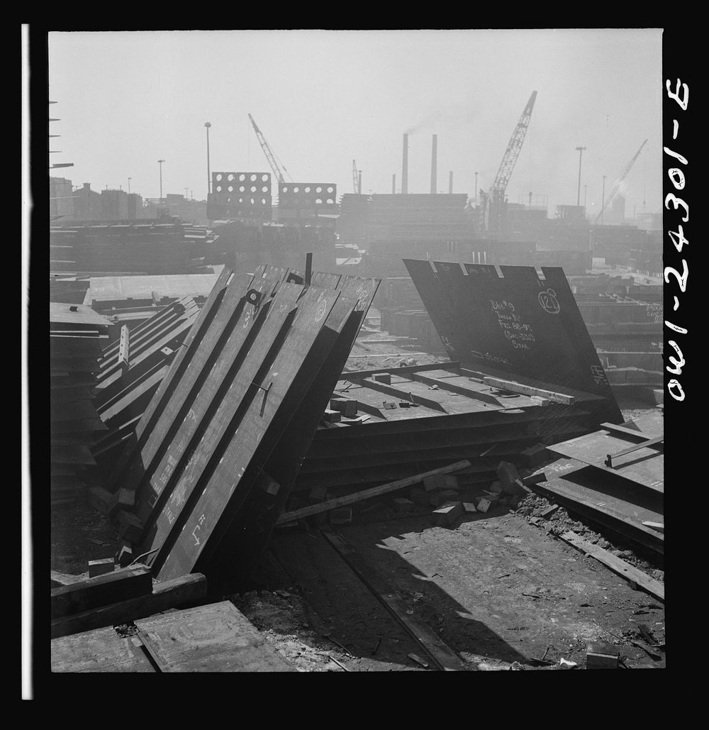 Bethlehem-Fairfield shipyards, Baltimore, Maryland. General view of a storage yard. Sourced from the Library of Congress.