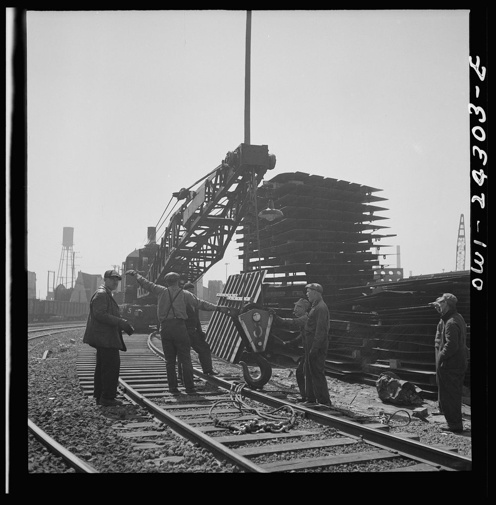 Bethlehem-Fairfield shipyards, Baltimore, Maryland. Steam crane operating in a stockyard. Sourced from the Library of…