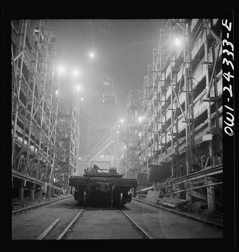 Bethlehem-Fairfield shipyards, Baltimore, Maryland. View between ways. Sourced from the Library of Congress.