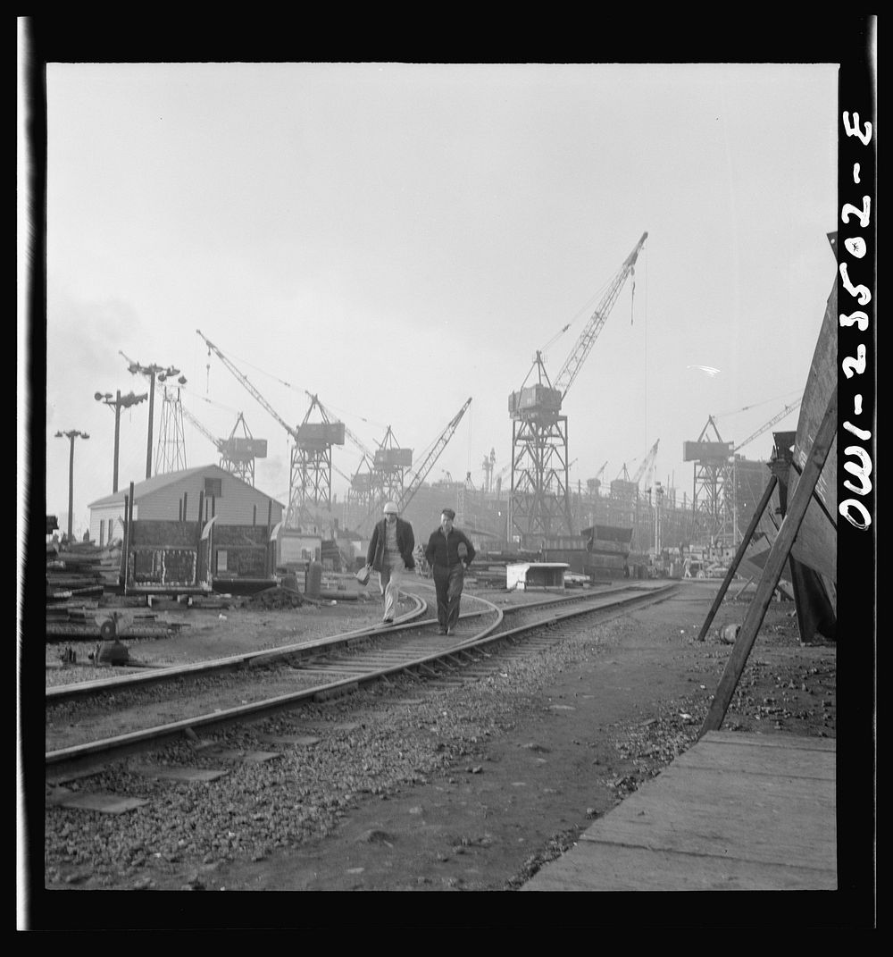 Bethlehem-Fairfield shipyards, Baltimore, Maryland. General view of the ways. Sourced from the Library of Congress.