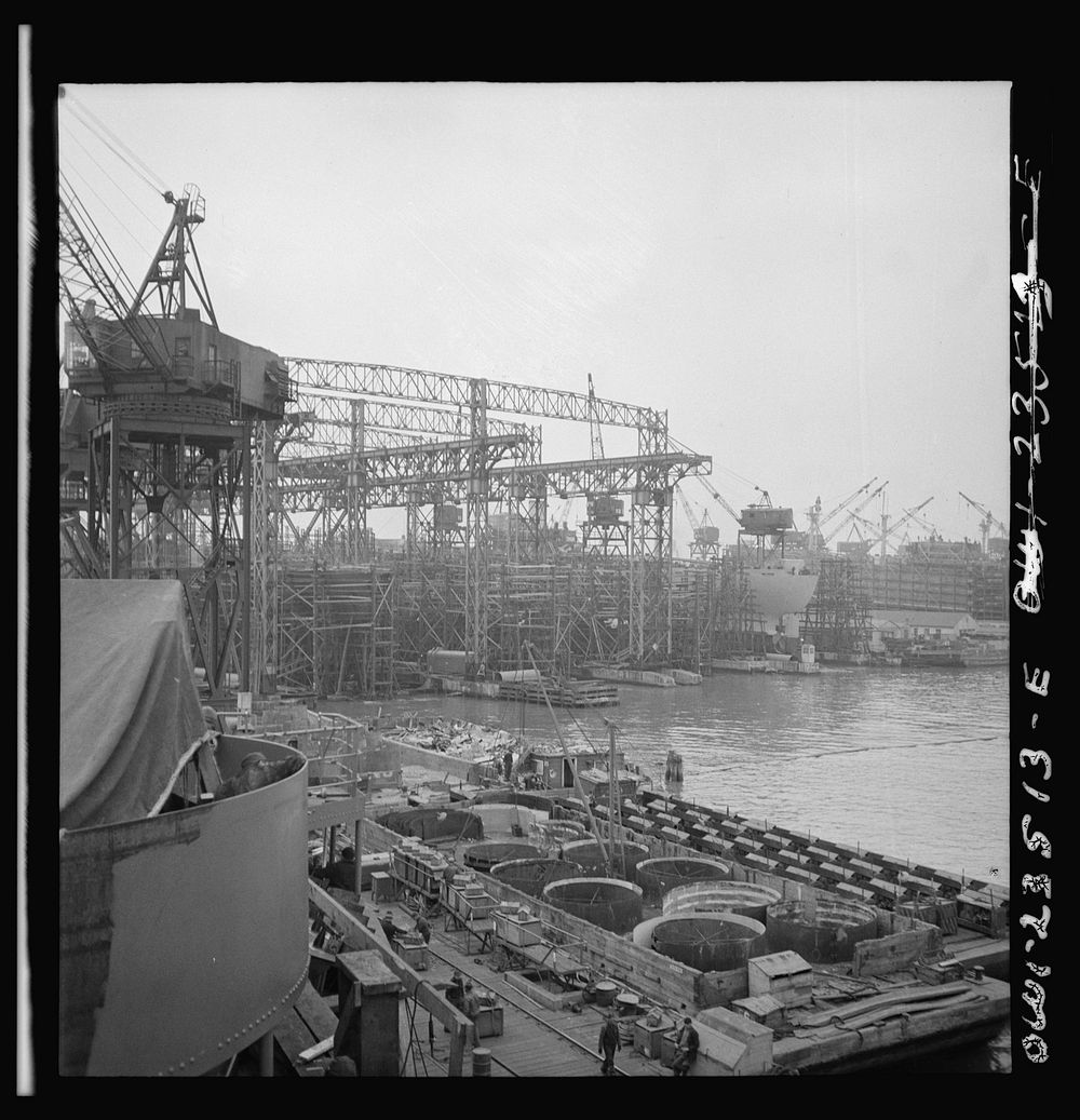 Bethlehem-Fairfield shipyards, Baltimore, Maryland. Looking aft on deck from a Liberty ship. Sourced from the Library of…