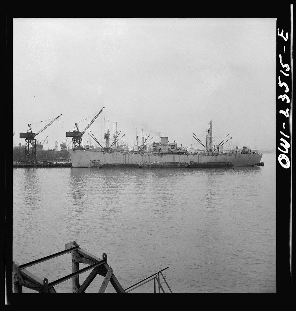 Bethlehem-Fairfield shipyards, Baltimore, Maryland. Ship at the outfitting pier. Sourced from the Library of Congress.