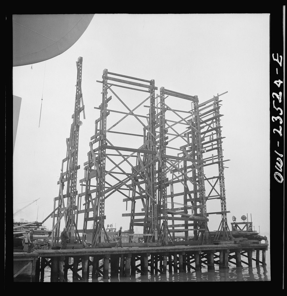 Bethlehem-Fairfield shipyards, Baltimore, Maryland. Staging which has been removed from a ship preparatory to a launching.…
