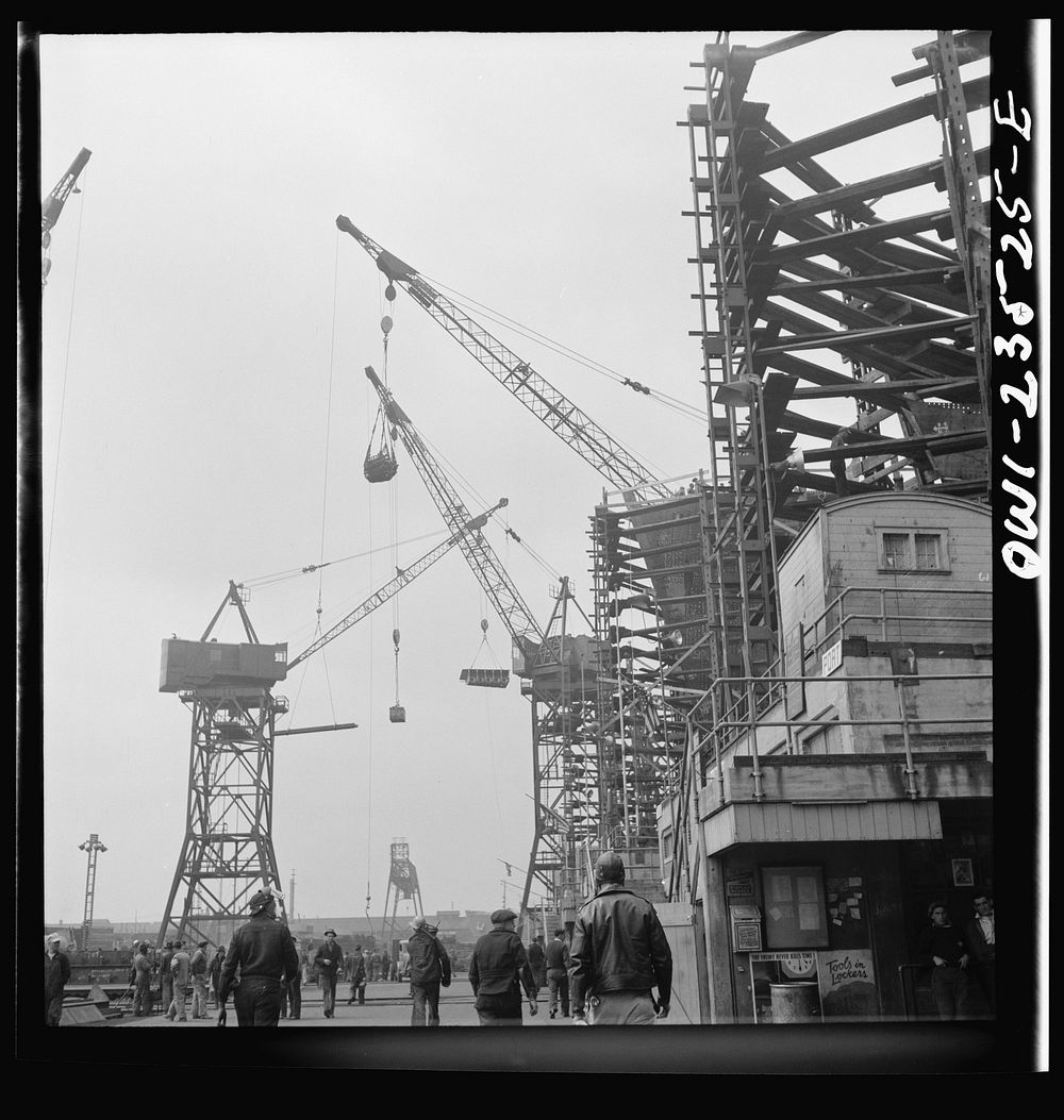 Bethlehem-Fairfield shipyards, Baltimore, Maryland. General view of a yard at the head of the ways. Sourced from the Library…