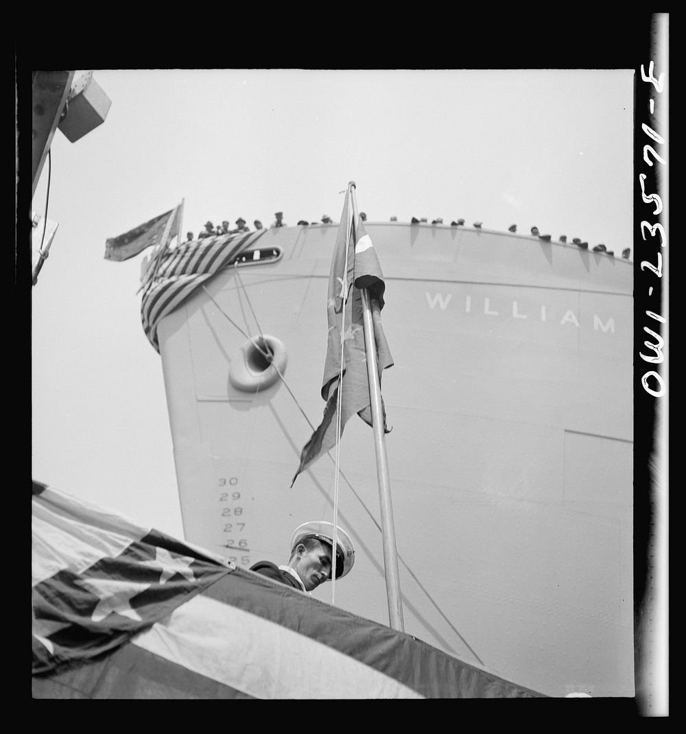 Bethlehem-Fairfield shipyards, Baltimore, Maryland. Bow of a vessel just before a launching party. Sourced from the Library…