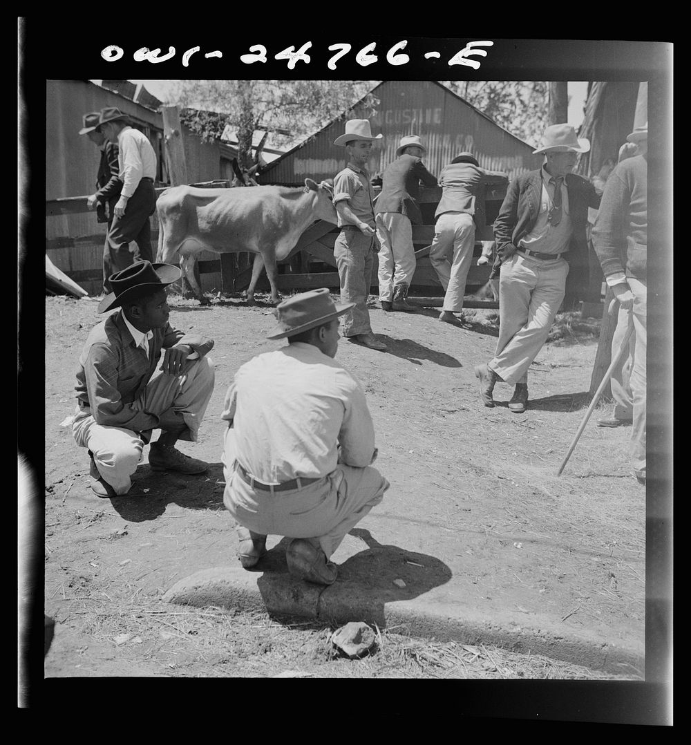San Augustine, Texas. Waiting for the opening of the Monday cattle auction. Sourced from the Library of Congress.