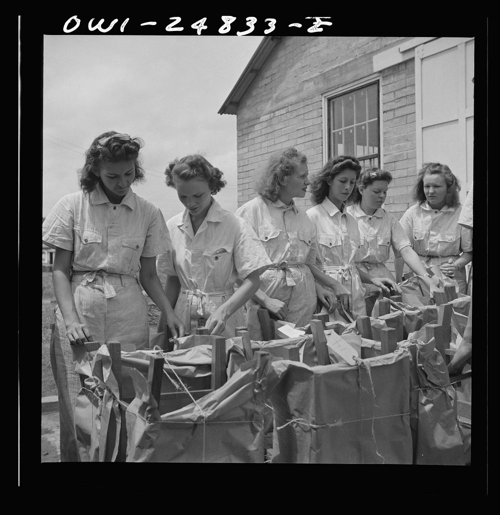 San Augustine, Texas. Girls with chairs they made in woodworking shop under the NYA (National Youth Administration) war…