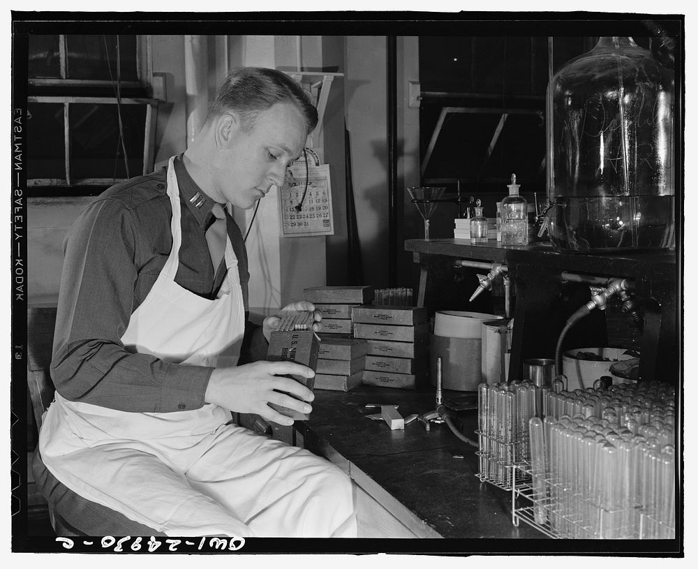 Chicago, Illinois. Subsistence research laboratory of the U.S. Army quartermaster depot. Captain C.M. Wilson, examining…