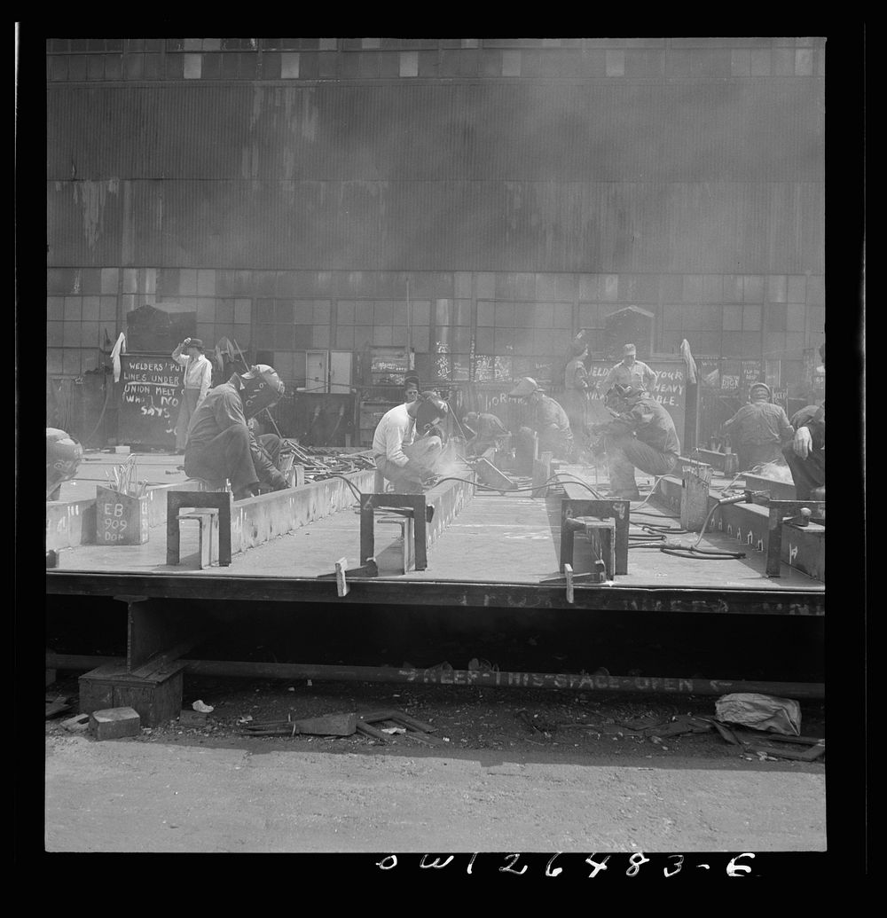 Bethlehem-Fairfield shipyards, Baltimore, Maryland. General view of the fabricating tables. Sourced from the Library of…