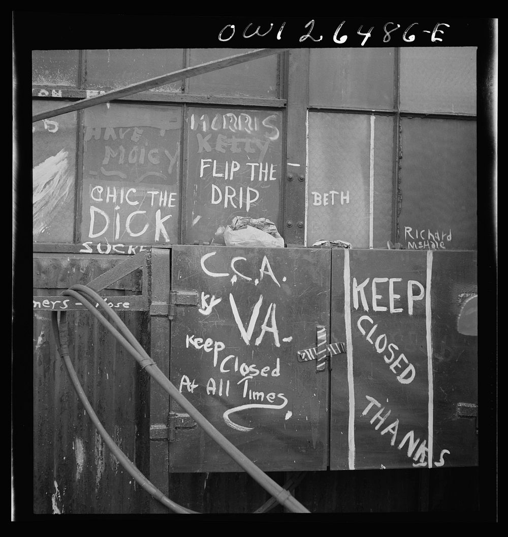 Bethlehem-Fairfield shipyards, Baltimore, Maryland. Slang signs and epithets. Sourced from the Library of Congress.