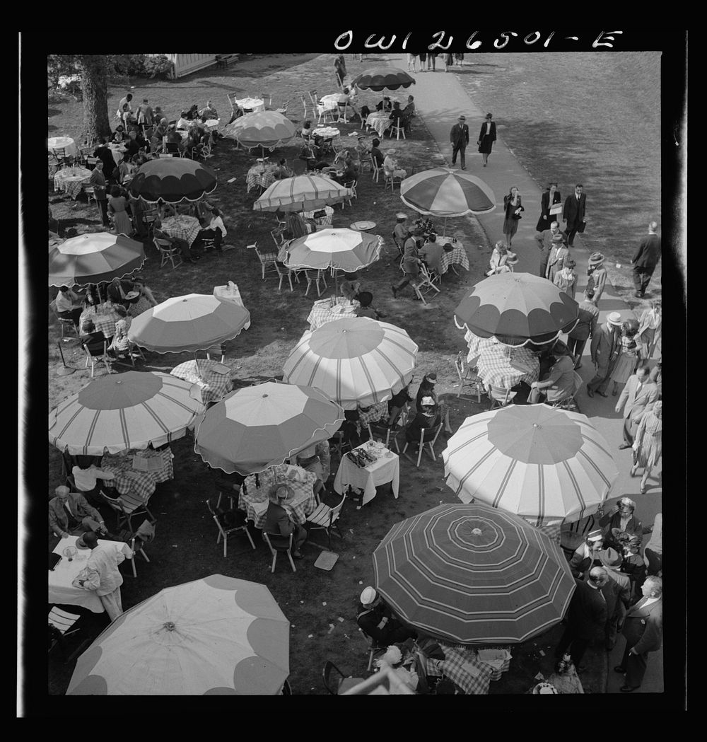 [Untitled photo, possibly related to: Pimlico racetrack, near Baltimore, Maryland. Outdoor diner sitting under beach…