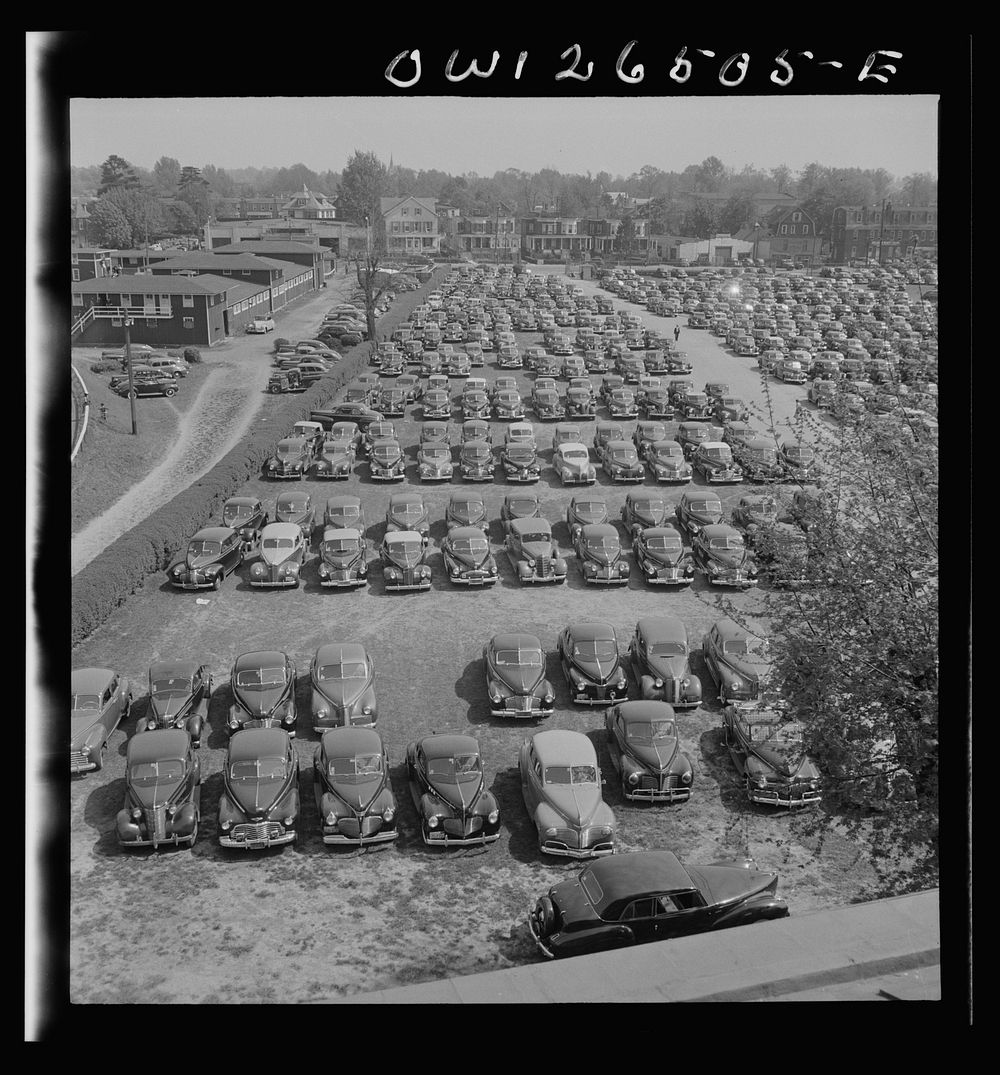 [Untitled photo, possibly related to: Pimlico racetrack, near Baltimore, Maryland. Parked cars at Pimlico in spite of gas…
