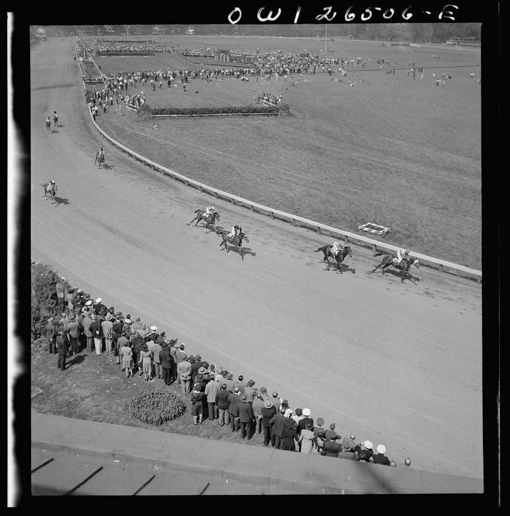 Pimlico racetrack, near Baltimore, Maryland. Horses running at Pimlico track. Sourced from the Library of Congress.