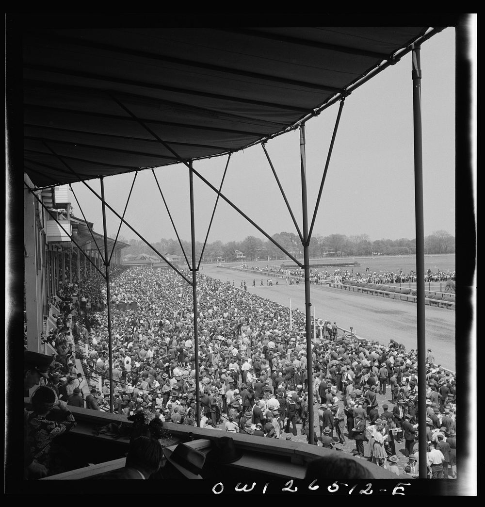 Pimlico racetrack, near Baltimore, Maryland. Looking from grandstand at Pimlico. Sourced from the Library of Congress.