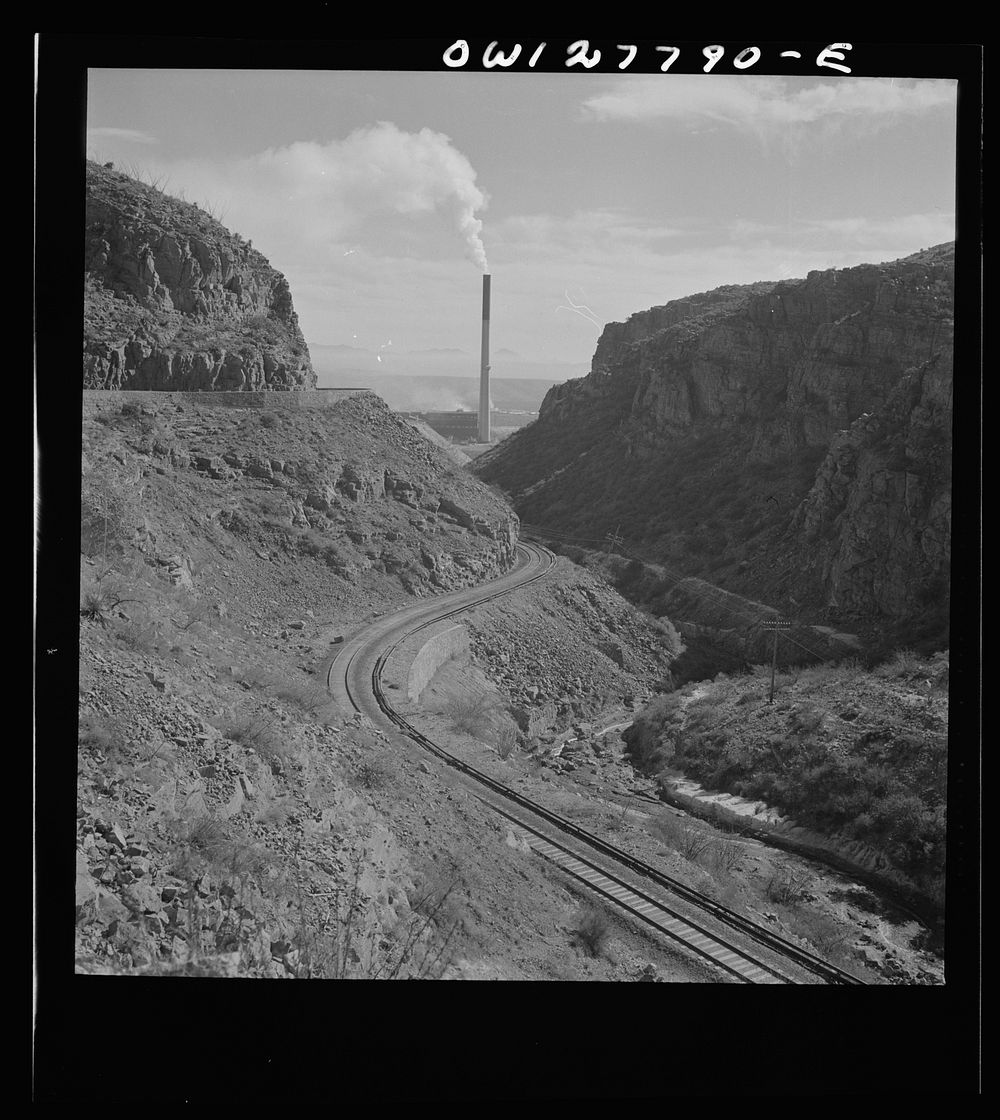 [Untitled photo, possibly related to: Morenci, Arizona. The copper mine railroad on which the ore is transported to the…