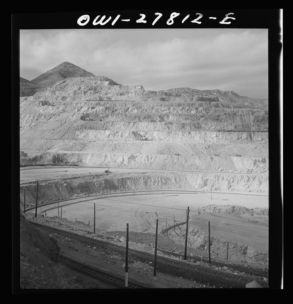 [Untitled photo, possibly related to: Morenci, Arizona. AN ore train being loaded at one of the open-pit copper mines of the…