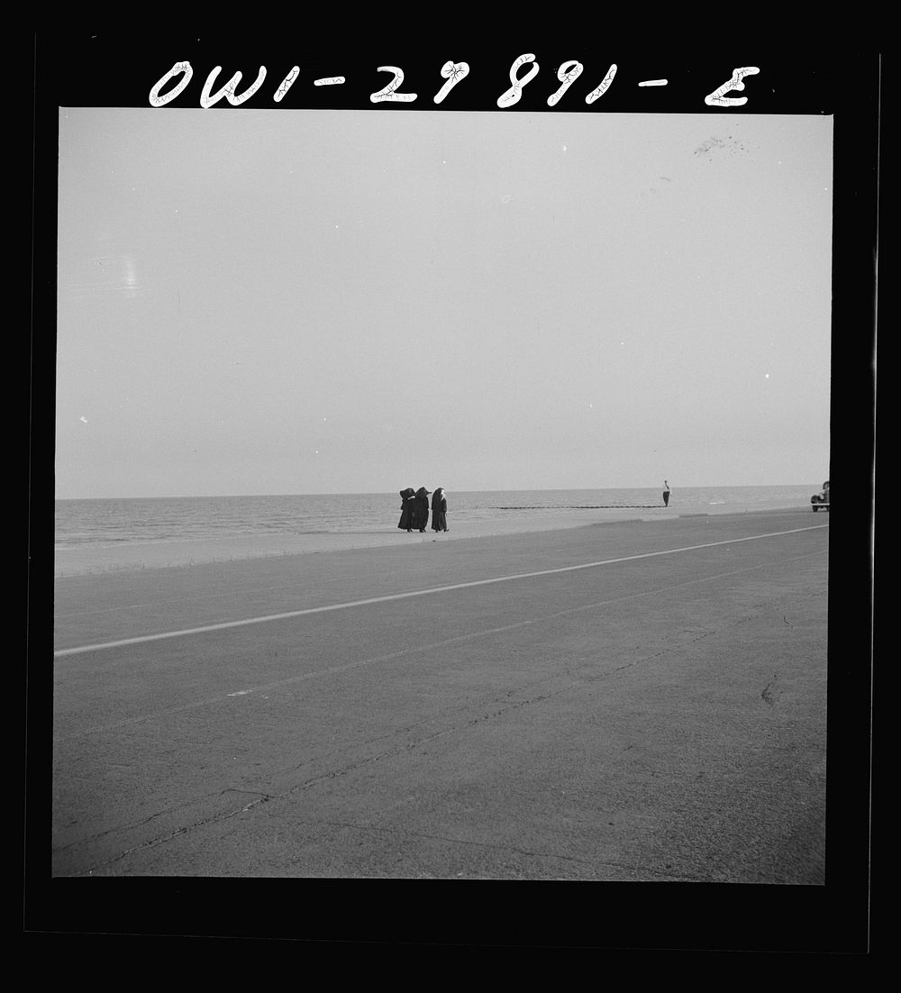 Galveston, Texas. Three nuns walking along the seawall. Sourced from the Library of Congress.