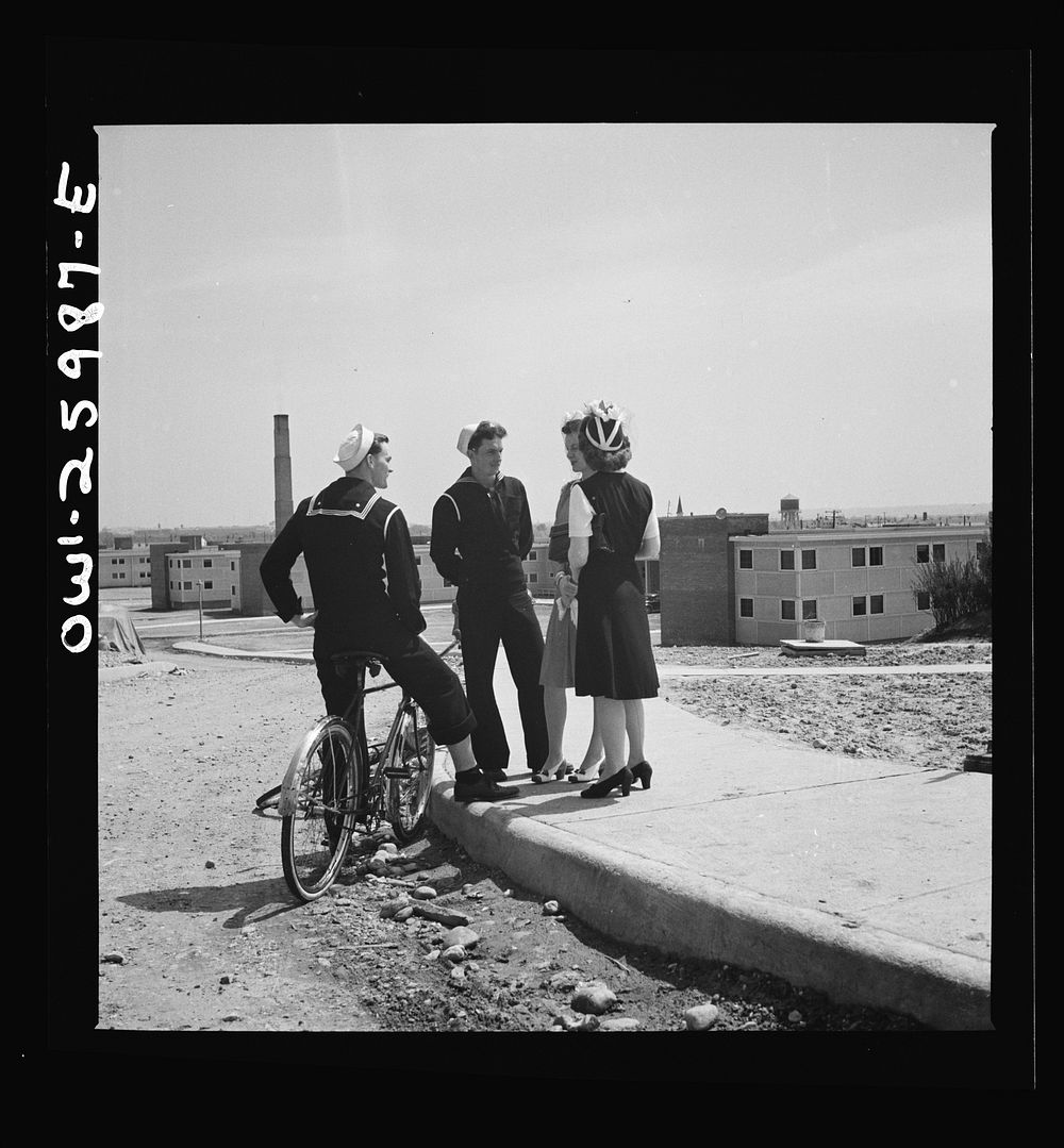[Untitled photo, possibly related to: Arlington, Virginia. Sailors bicycled over to Arlington Farms, a residence for women…