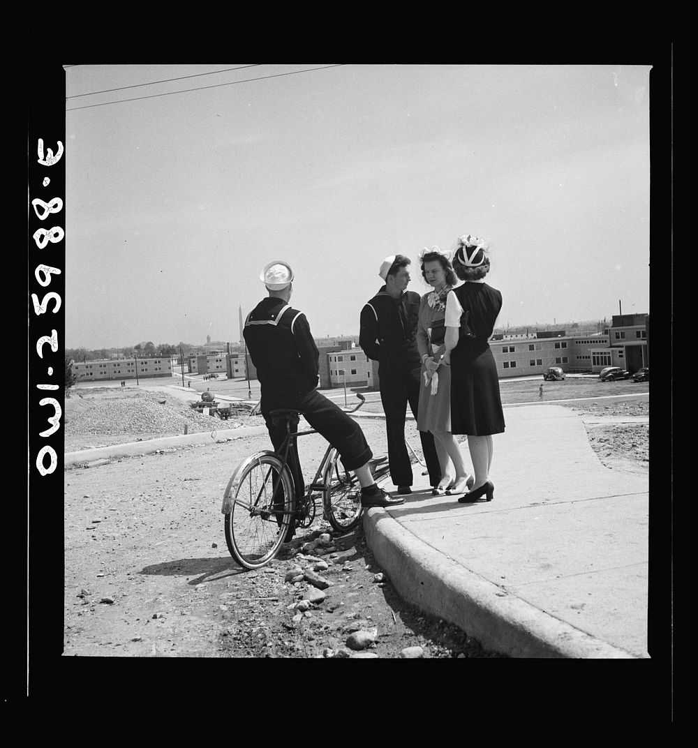 [Untitled photo, possibly related to: Arlington, Virginia. Sailors bicycled over to Arlington Farms, a residence for women…