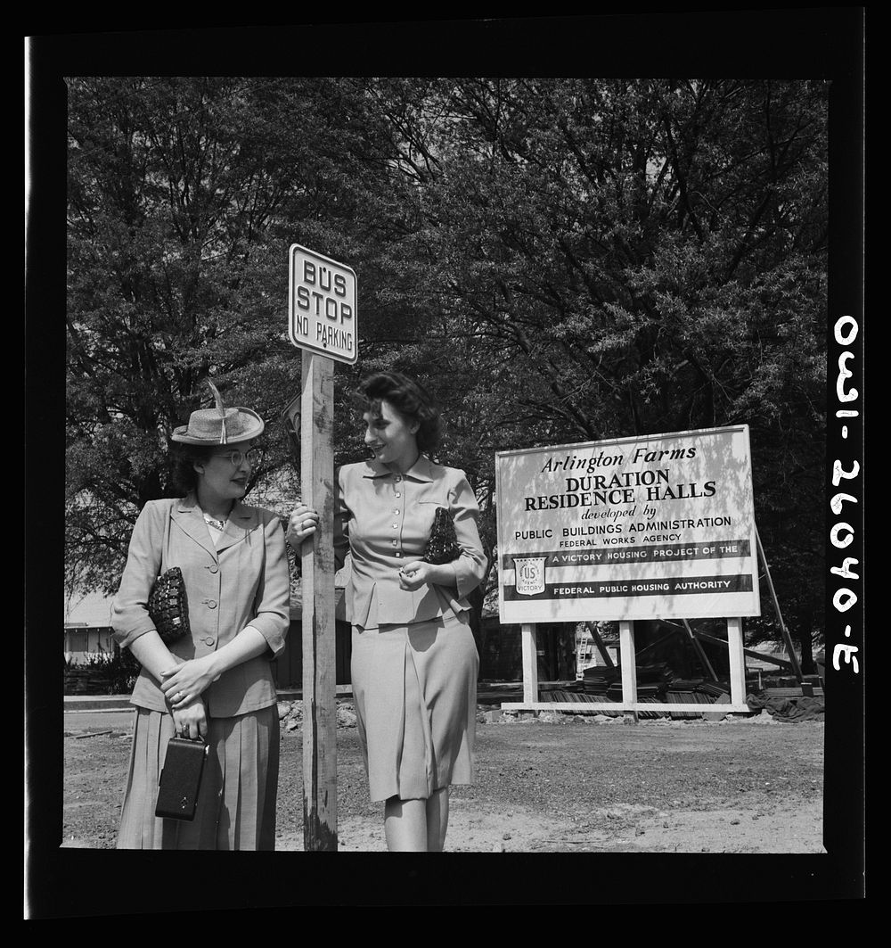 [Untitled photo, possibly related to: Arlington, Virginia. Waiting for the bus at Arlington Farms, a residence for women who…
