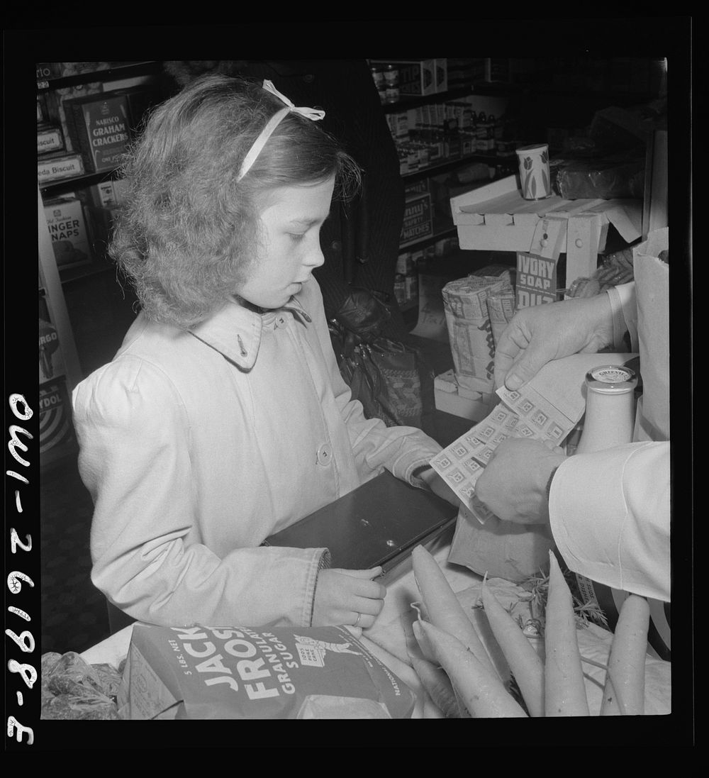 Buffalo, New York. Beverly Ann Grimm, eleven, leaving the store after making the family purchases from a list left that…