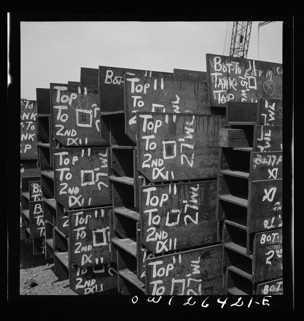 Bethlehem-Fairfield shipyard, Baltimore, Maryland. Identification marks on steel sections. Sourced from the Library of…