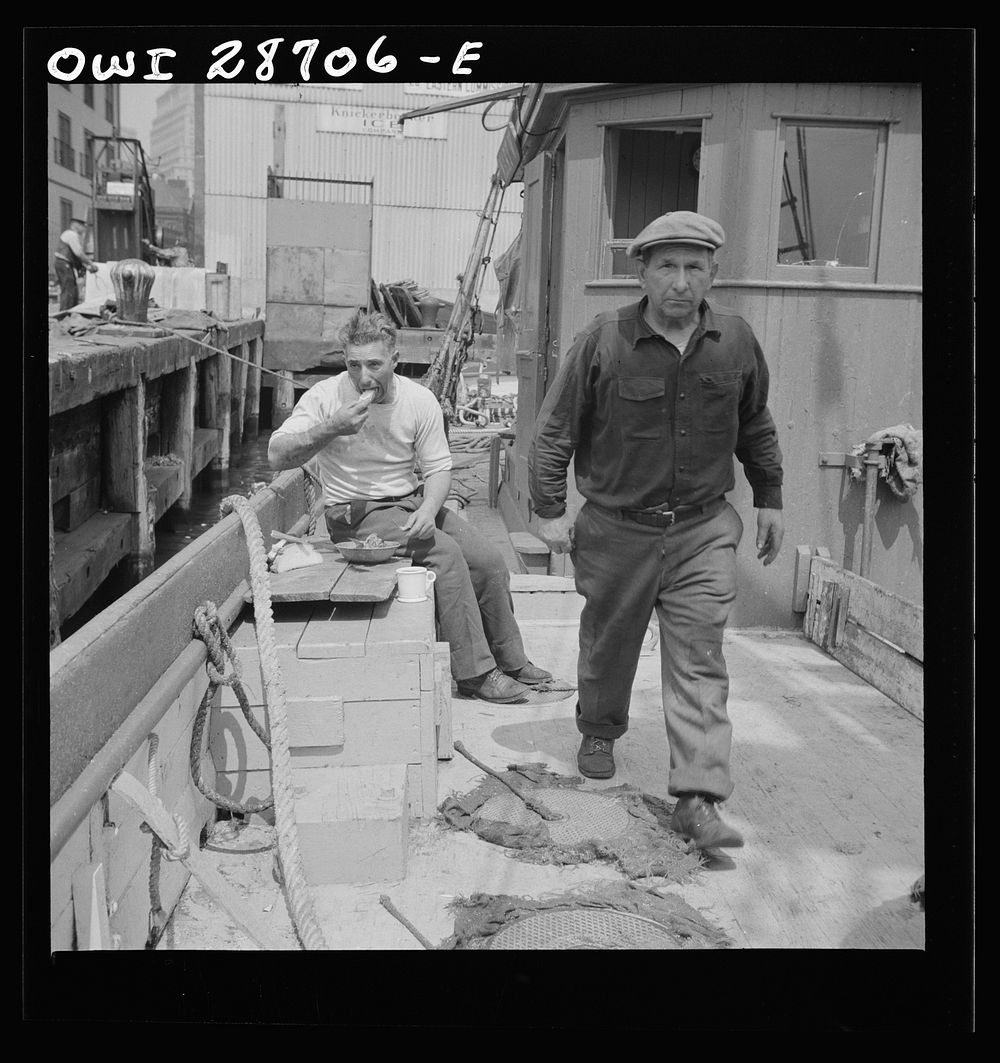 New York, New York. New England fisherman aboard their ship at Fulton fish market. Sourced from the Library of Congress.