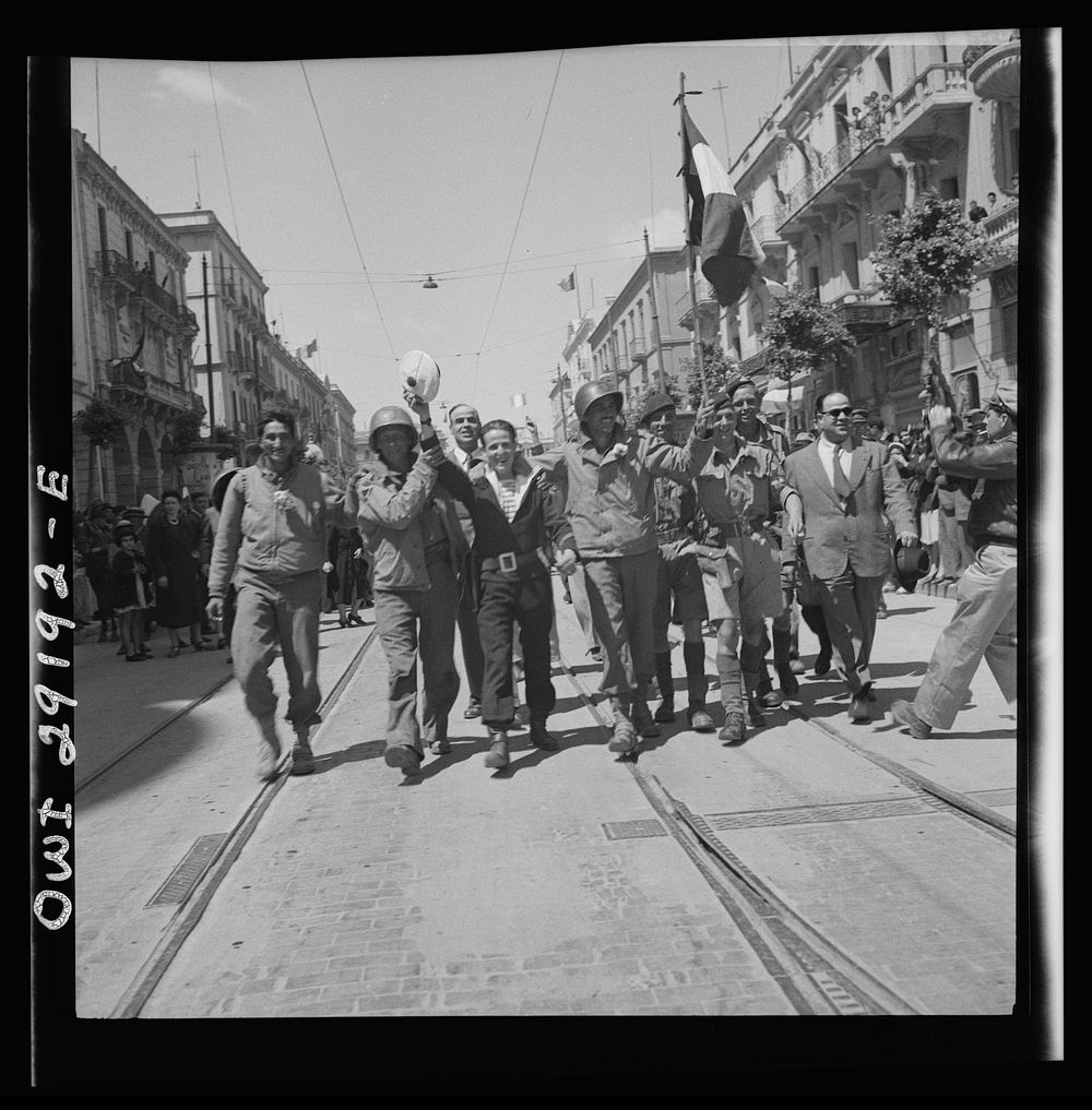Tunis, Tunisia. Allied troops entering Tunis. Sourced from the Library of Congress.