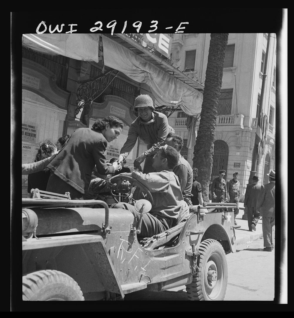 Tunis, Tunisia. Allied troops entering Tunis. Sourced from the Library of Congress.