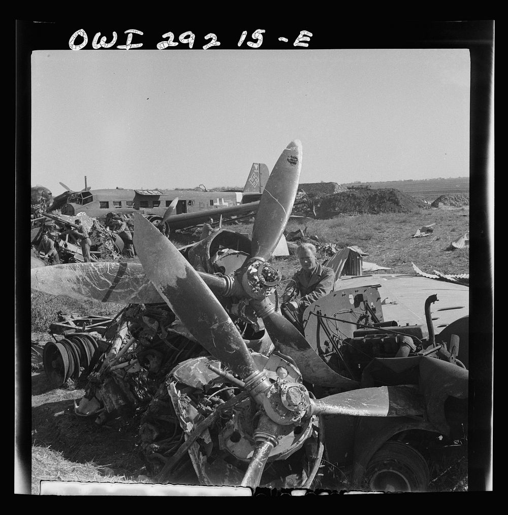 Wreckage of giant German transport planes intended for the Axis troop evacuation from Tunis. Sourced from the Library of…