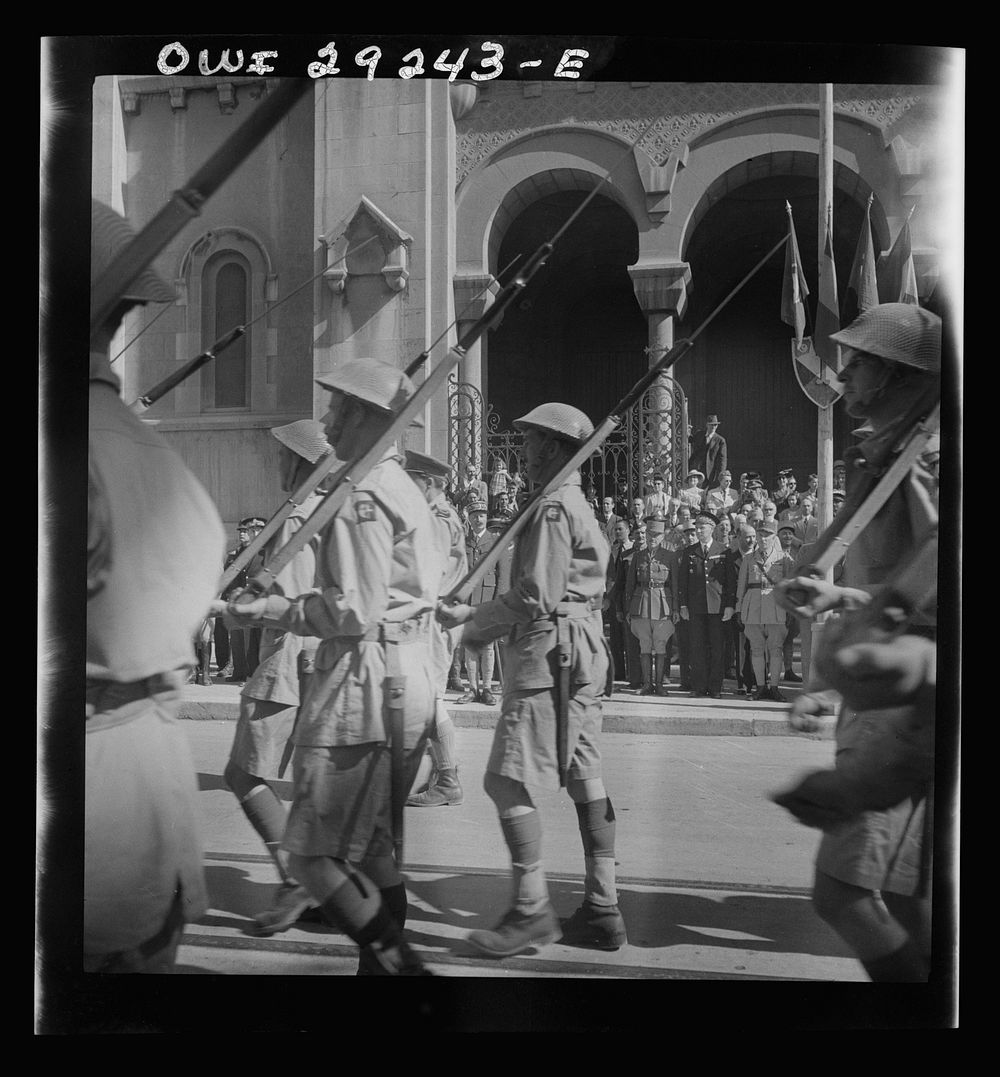 Tunis, Tunisia. General Giraud reviewing the victorious French troops as they enter Tunis. Sourced from the Library of…