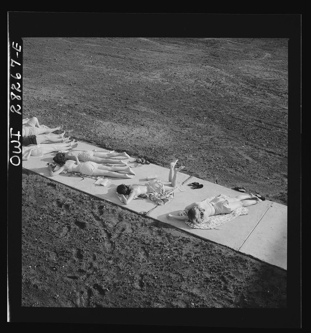 [Untitled photo, possibly related to: Arlington Farms, war duration residence halls. Sunbathers on the sidewalk in the back…