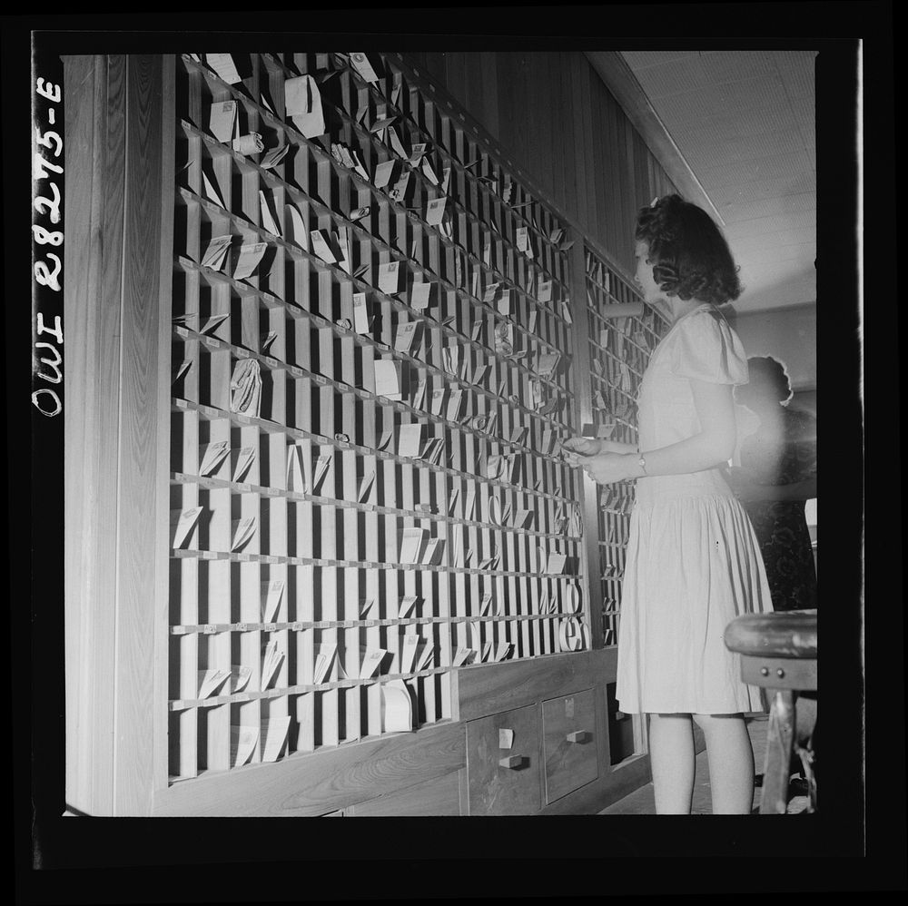 Arlington Farms, war duration residence halls. Desk clerk sorting the mail at Idaho Hall, Arlington Farms. Sourced from the…