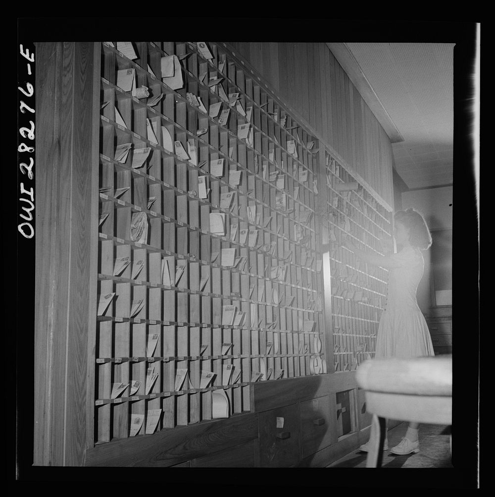 [Untitled photo, possibly related to: Arlington Farms, war duration residence halls. Desk clerk sorting the mail at Idaho…