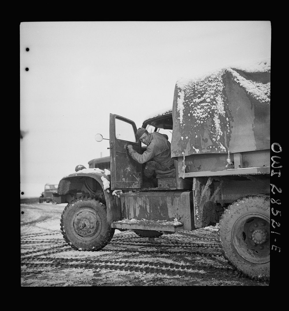 Somewhere in the Persian corridor. A United States Army truck convoy carrying supplies for Russia. Ready to start. Sourced…