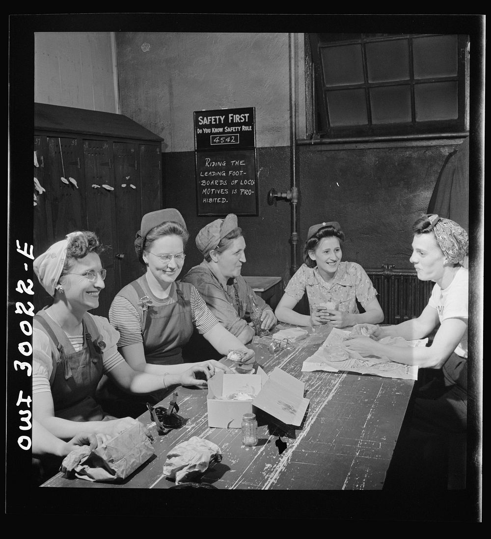 Pitcairn, Pennsylvania. Lunch hour in the women's locker at the yards of the Pennsylvania Railroad. Left to right: Bertha…