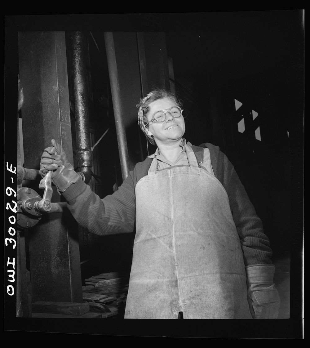 Pitcairn, Pennsylvania. Mrs. Hazel Stokum, thirty-seven, mother of six girls, employed at the Pennsylvania Railroad steel…