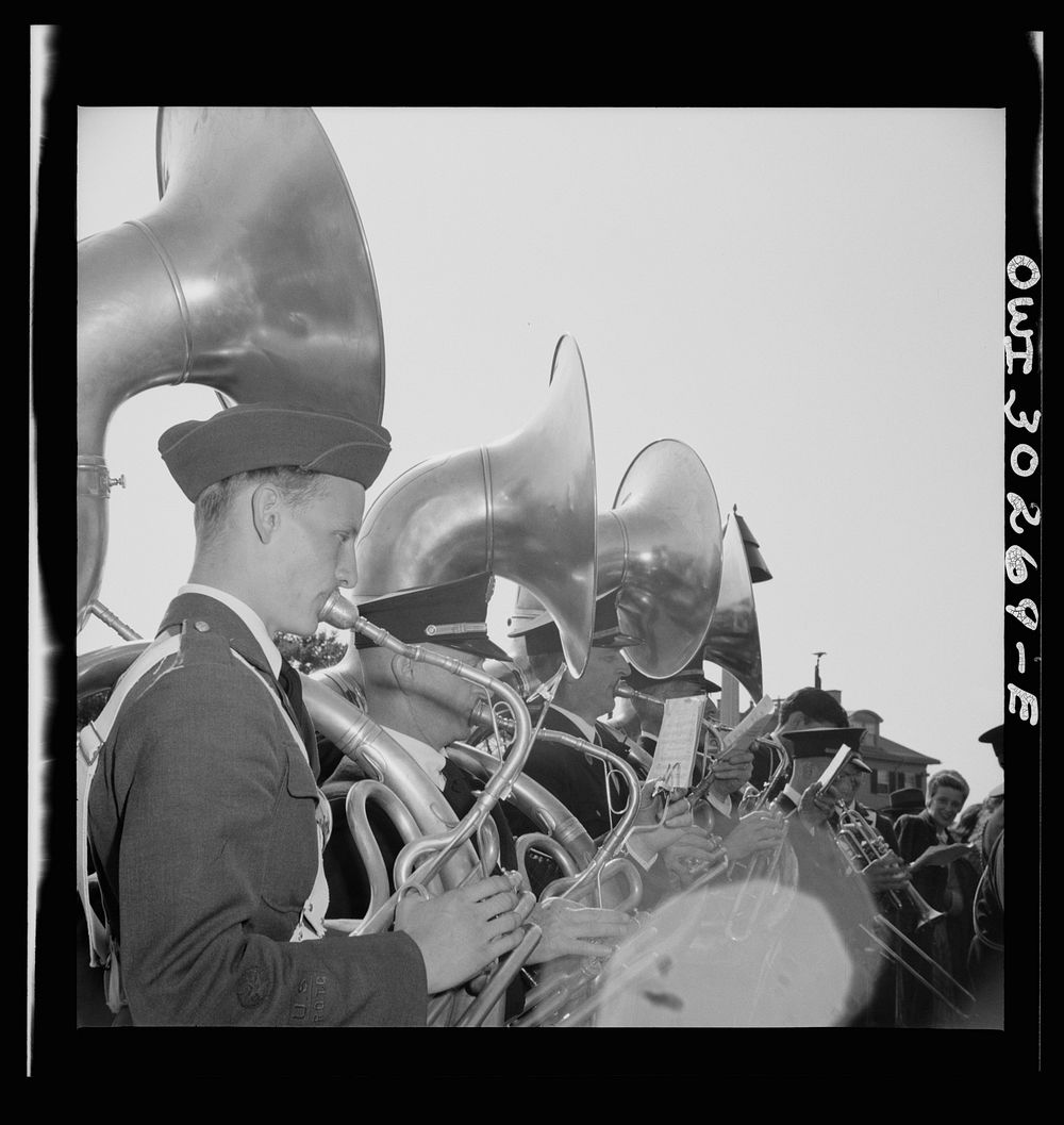 Gloucester, Massachusetts. Memorial Day, 1943. American Legion band playing at the Memorial service. Sourced from the…