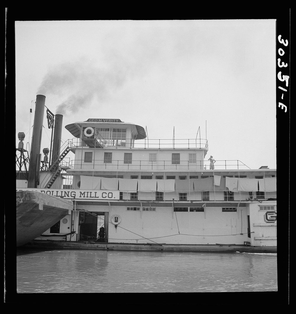Towboat George M. Verity. Notice wash hung on line. Sourced from the Library of Congress.