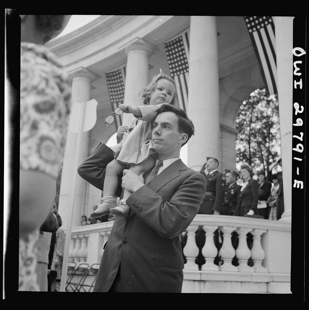 [Untitled photo, possibly related to: Arlington Cemetery, Arlington, Virginia. Spectators at the Memorial Day services in…