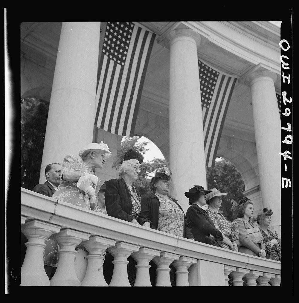 Arlington Cemetery, Arlington, Virginia. Women in reserved boxes at the Memorial Day services in the amphitheater. Sourced…