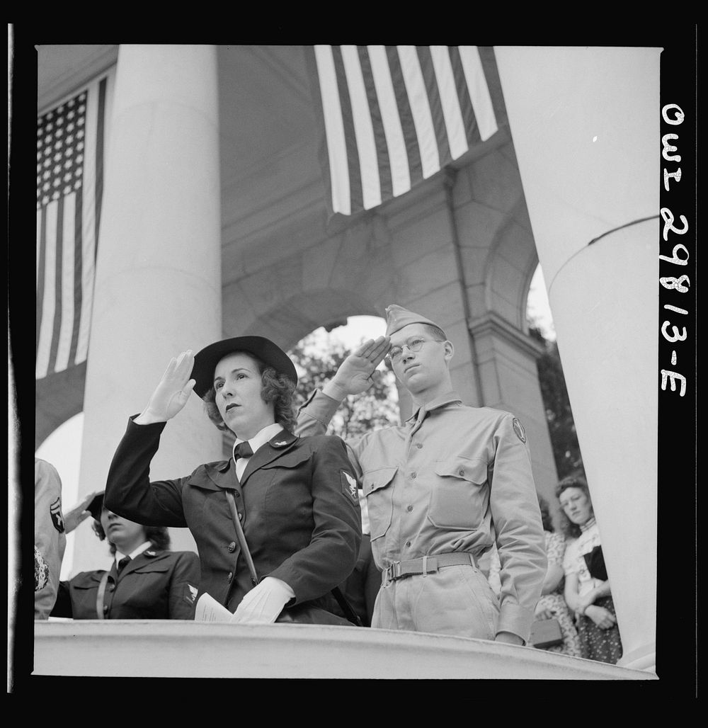 [Untitled photo, possibly related to: Arlington Cemetery, Arlington, Virginia. Spectators at the Memorial Day services in…