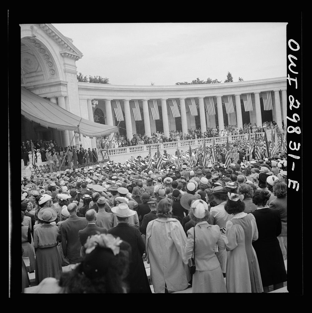 Arlington Cemetery, Arlington, Virginia. Color bearers marching into the amphitheater on Memorial Day. Sourced from the…