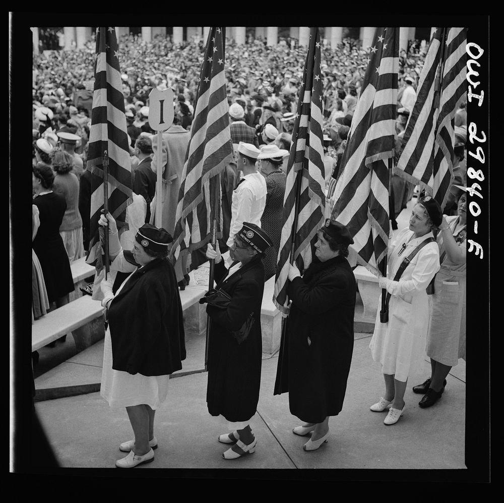 Arlington Cemetery, Arlington, Virginia. Color bearers marching into the amphitheater for Memorial Day services. Sourced…