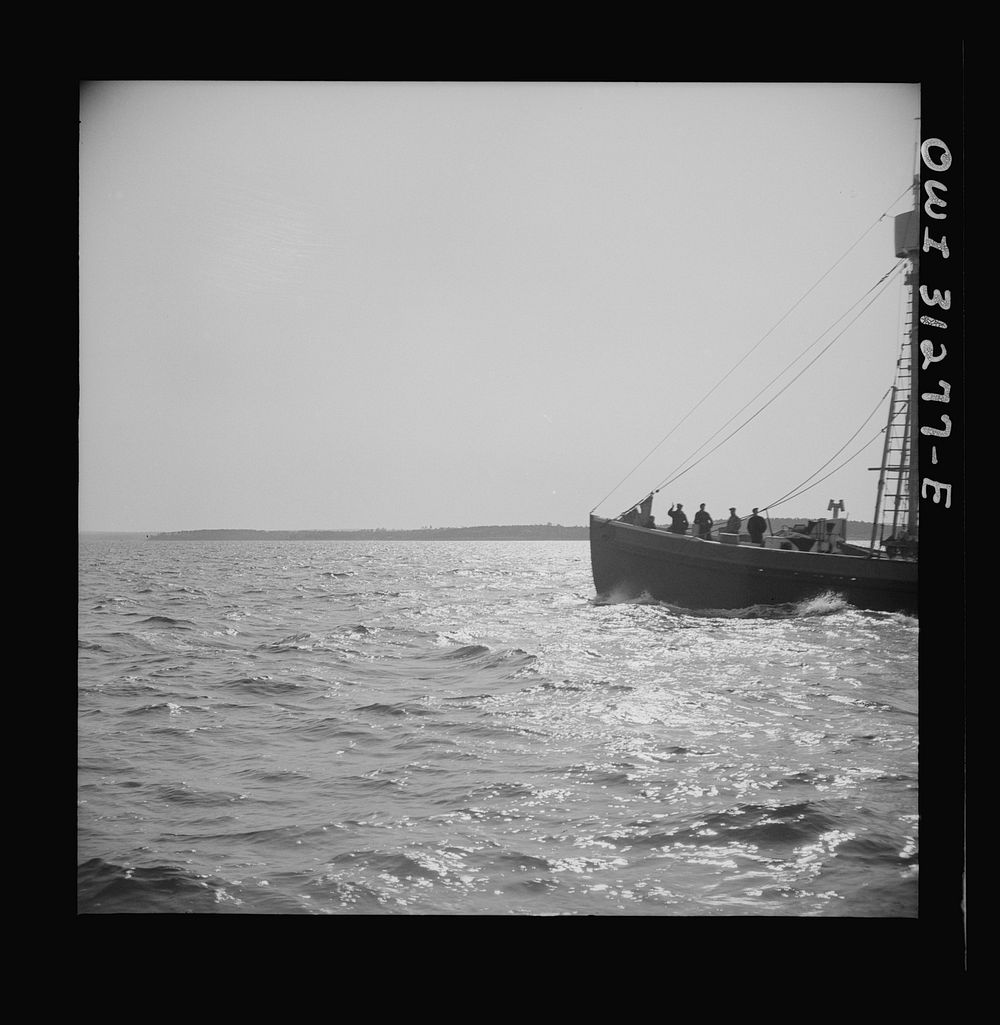 [Untitled photo, possibly related to: On board the fishing boat Alden out of Gloucester, Massachusetts. Fishermen on a boat…