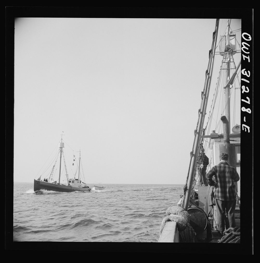On board the fishing boat Alden out of Gloucester, Massachusetts. Fishermen on a boat heading for Gloucester giving the…